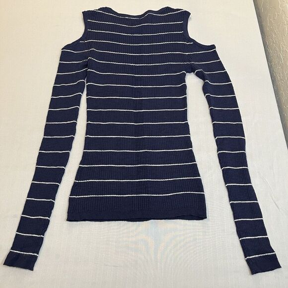 360 Sweater Womens Small Pullover Cold Shoulder Ribbed Striped Stretch Blue/Whit - Picture 2 of 6